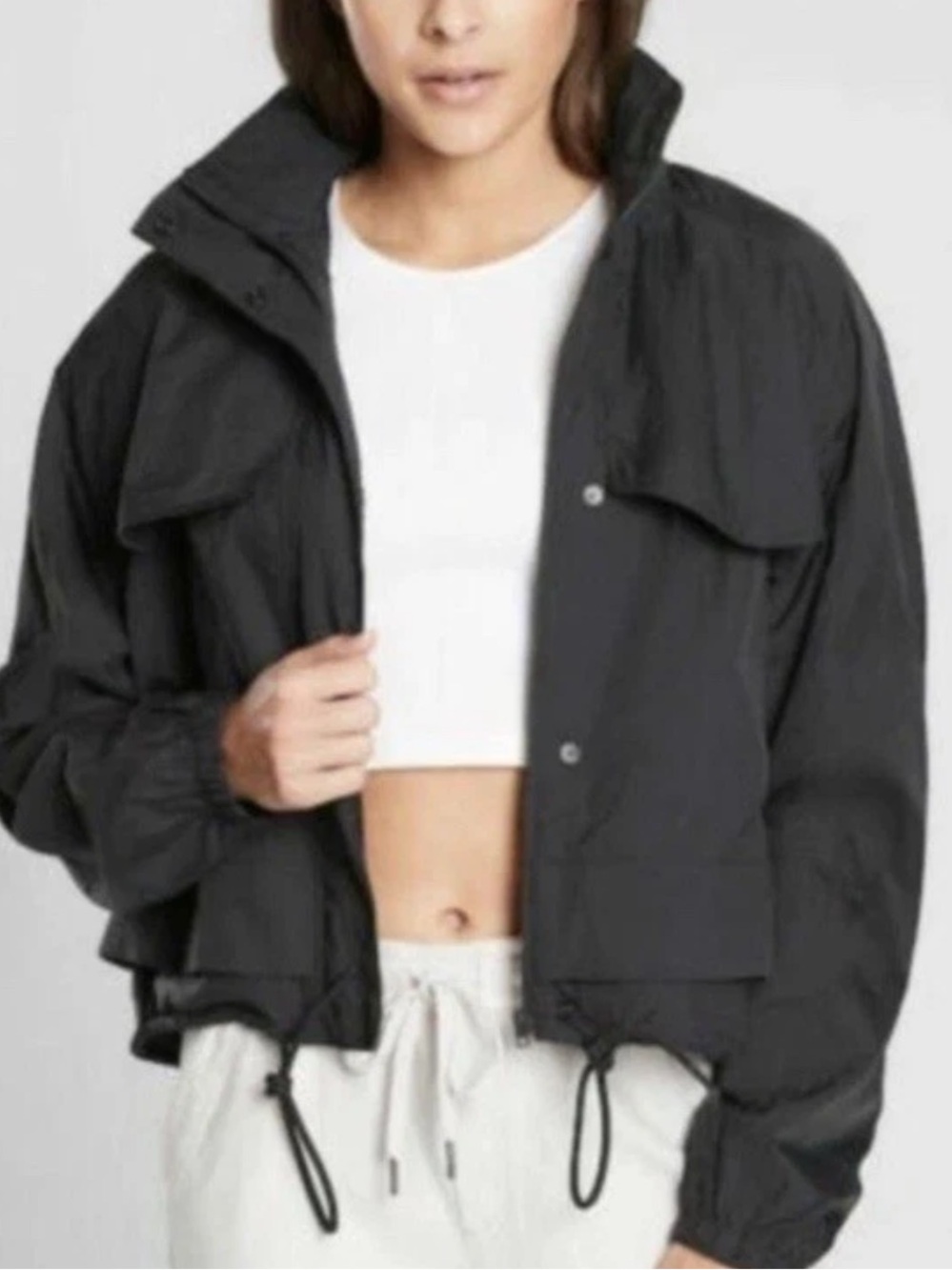 Athleta Canopy Parachute Jacket Windbreaker Women's Medium Black Cropped Nylon